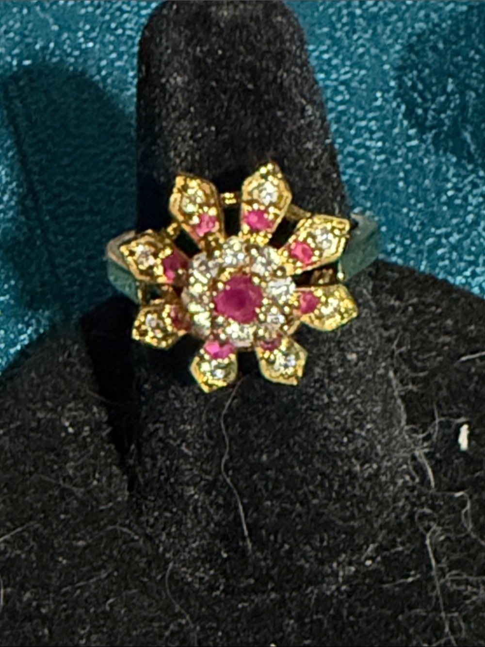 Gold Floral Ruby and CZ  Accent Ring - Women Jewelry